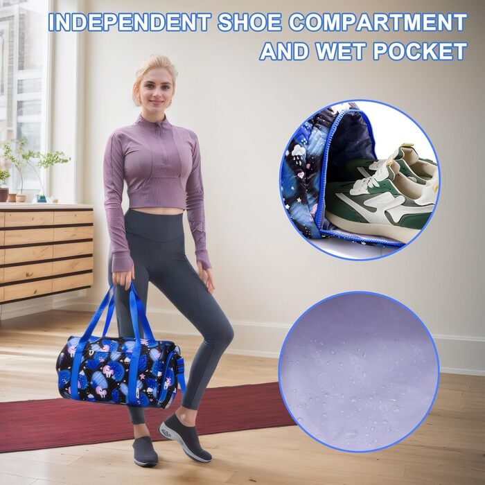 Спортивна сумка для дівчинки з єдинорогом, водонепроникна сумка для плавання з відділенням для взуття та мокрих речей, маленька сумочка для дівчат, спортивна сумка для подорожей, фітнесу, школи, плавання, (чорна)