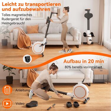 Гребний тренажер для дому з магнітним опором, 32 рівні, 136 кг, сумісність з додатком, LCD-дисплей, білий-помаранчевий