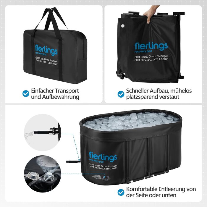 Преміум ванна для криотерапії Fierlings 120 см, овальна, мобільна, з 5 шарами ізоляції та кришкою, для внутрішнього та зовнішнього використання