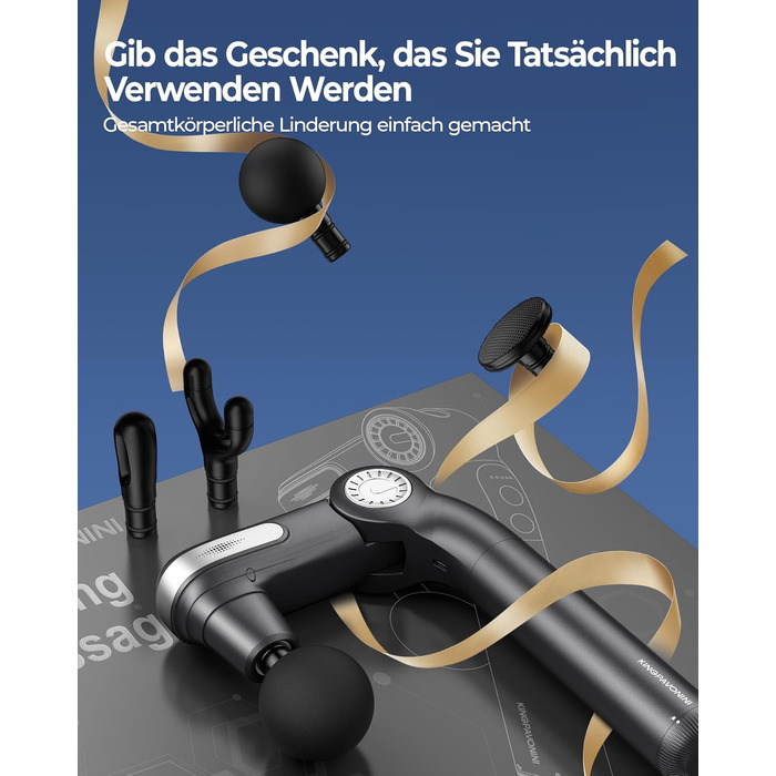 Масажер для тіла KingPavonini з висувним руків'ям та відкидним голівкою: масажна пістолета для спини з 3 кутами налаштування та 4 насадками, подарунок для чоловіків та жінок (сірий)