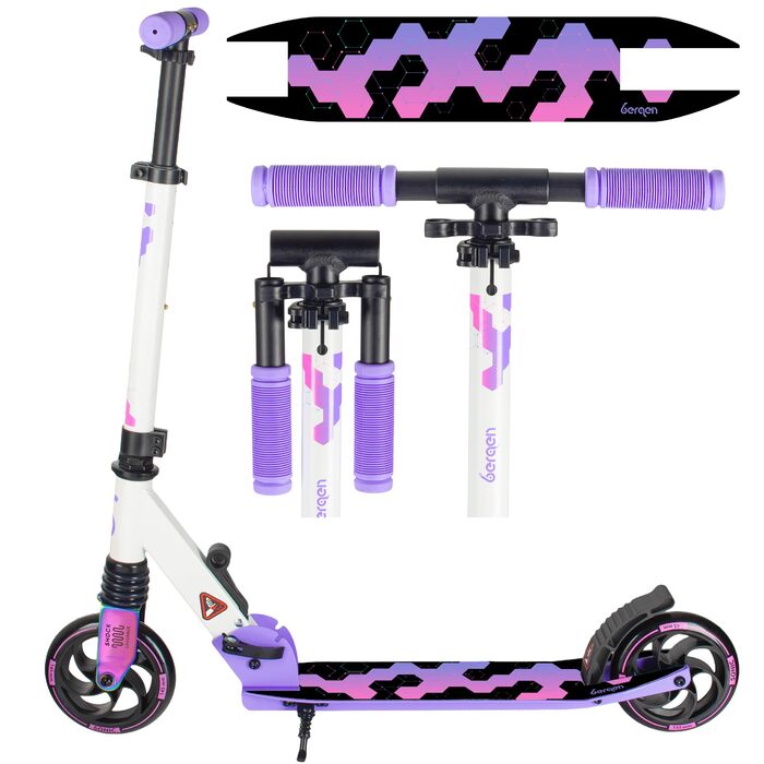 Самокат міський Bergen City Scooter Sonic - алюмінієвий, колеса PU 145мм, амортизатор, гальмо заднє, регульована висота (5+ років), легкий, білий/чорний/рожевий/фіолетовий