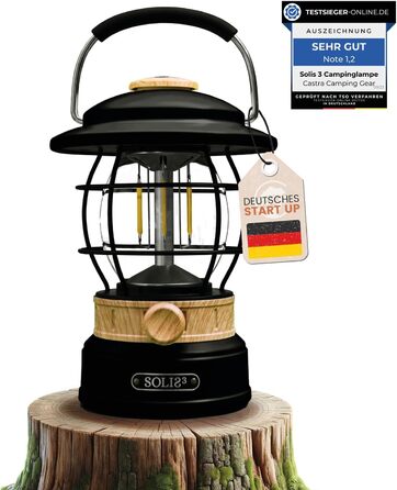 Ліхтар кемпінговий Solis 3 з акумулятором 8000mAh, Powerbank, регульоване світло, IP44, LED, для туризму (Cremeweiß/Schwarz, Holzeffekt)