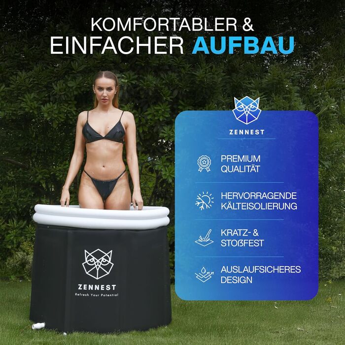 Eistonne Zennest Eistonne для дому 90см – XL Cold Plunge: велика ванна для крижаних процедур на відкритому повітрі з 6-шаровою ізоляцією. Зручна та портативна ванна для дорослих. (Rund-pro)