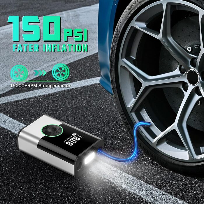 Портативний електричний компресор EVARYOO 6000mAh, 150PSI для авто, мотоциклів, велосипедів, м'ячів, акумуляторна бездротова повітряна помпа