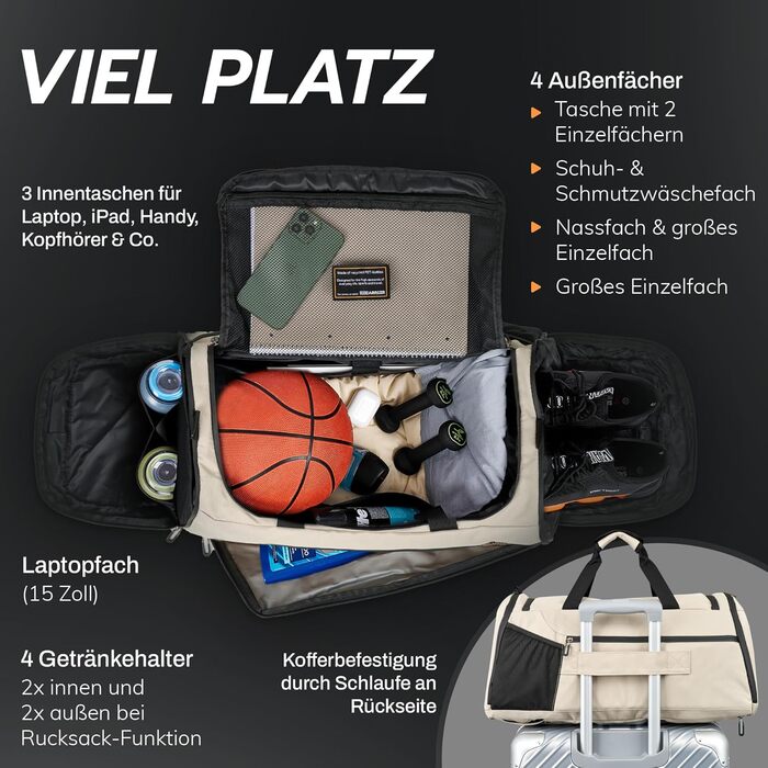 Спортивна сумка [з переробленого PET] 50L – сумка для спортзалу та рюкзак 2в1 – водонепроникна спортивна сумка для чоловіків та жінок – спортивний рюкзак з відділенням для взуття, велика туристична сумка (Савана Бежевий)