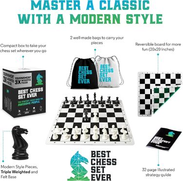 Професійний шаховий набір Best Chess Set Ever 3X з утяжеленими фігурами Staunton (король 10,3 см), силіконовою двосторонньою складною дошкою 50x50 см, для турнірів, дорослих і дітей