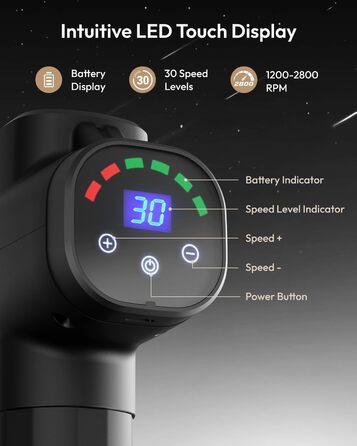 Масажний пістолет V-WMG04 з 30 швидкостями та 6 насадками, LED-дисплей, портативний, для дому та подорожей