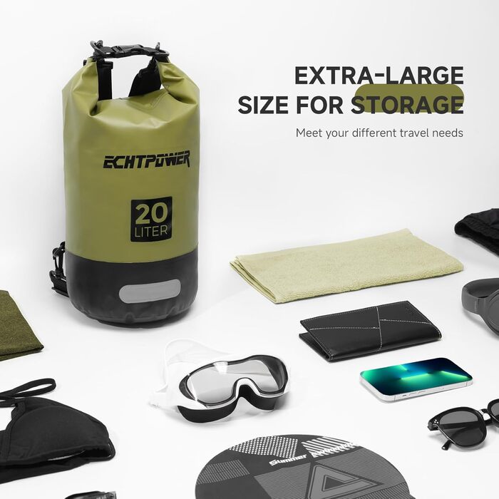 Водонепроникний мішок ECHTPower Dry Bag 20L: мішок для плавання, каякінгу, SUP (зелений)