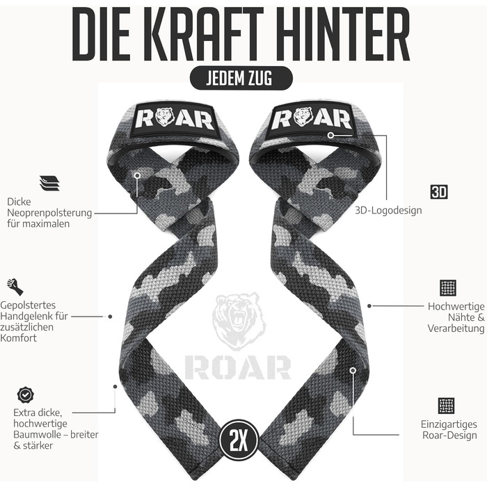 Roar® Ремені для підйому ваги (м'які) для силових тренувань, бодібілдингу, фітнесу - ремені для станової тяги - підтримуючі ремені - для жінок та чоловіків (Cammo)