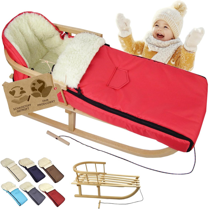 Дитячі санки BambiniWelt з підніжкою та буксирувальним тросом + зимовий мішок для ніг 108 см – тепла вовна, водовідштовхуючі – комбінований набір для коляски та візка (червоний)