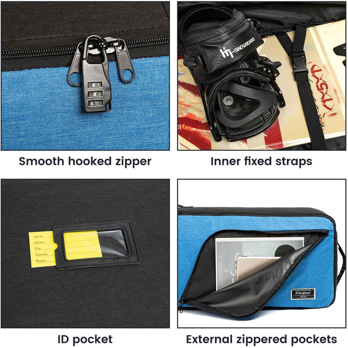 Чохол для сноуборду Kioqiear з підсиленим захистом, 165 см, блакитний. Підходить для перевезення в літак, вміщує сноуборд, маску, рукавички, черевики.