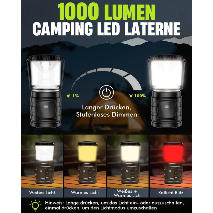 LED кемпінговий ліхтар на акумуляторі 8000mAh, 1000 люмен, з індикатором заряду, 4 режими світла, водонепроникний IP65, USB-C, для кемпінгу, туризму, риболовлі, SOS, модель M2