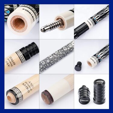 Більярдний кий Konllen з низькою відволікаючою лінією, з подовженням та кейсом (10,5 мм, 11,5 мм, 12,5 мм наконечники Tigerspitze, XTC-чохол, 3/8 x 8 радіальний штифт, довжина 147 см) Dragon-1, EU 12.5mm