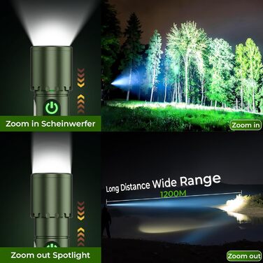 Ліхтарик LED акумуляторний 500000 люмен XHP90.2, надяскравий, з зумом, водонепроникний IPX7, зелений - для кемпінгу, походів, екстрених ситуацій