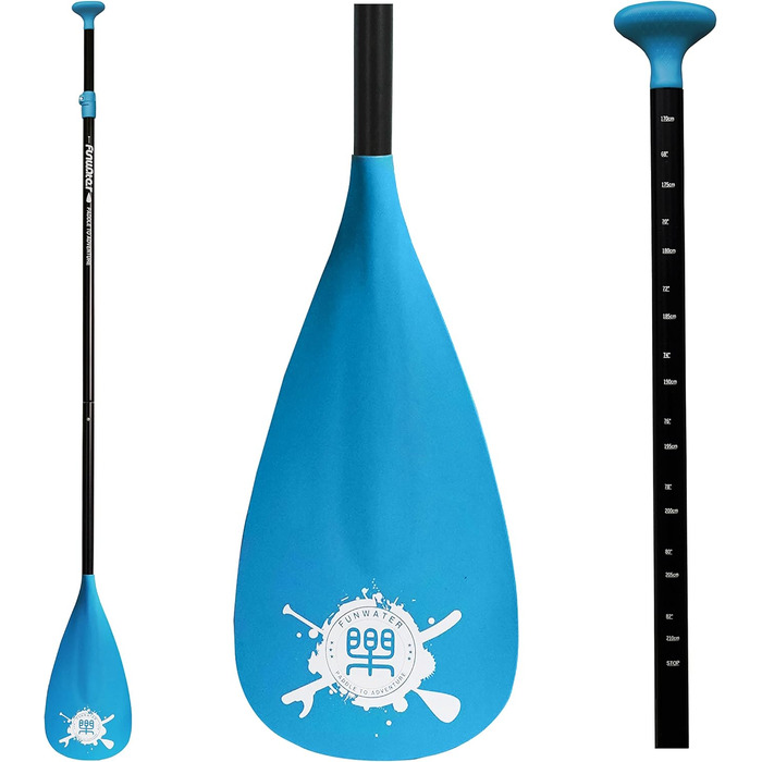 Весло для SUP FunWater, 3-секційне, регульоване, легке, плаваюче, з посиленими нейлоновими лопатями, синє