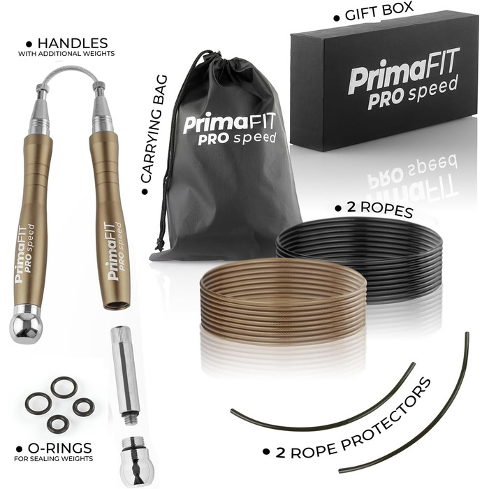 Скакалка PrimaFIT для дорослих: професійна, регульована, з вагою, 3м, 2 підшипники, антиковзні ручки, для боксу, MMA, кросфіту, сталевий трос, сумка (бронза)