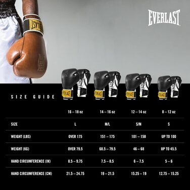 Боксерські рукавички Everlast 1910 Classic з натуральної шкіри, для тренувань з мішком та лапами, на липучці, потрійна амортизація, ергономічне зчеплення – Оригінальні Everlast, Колір: Коричневий, Розмір: 14OZ