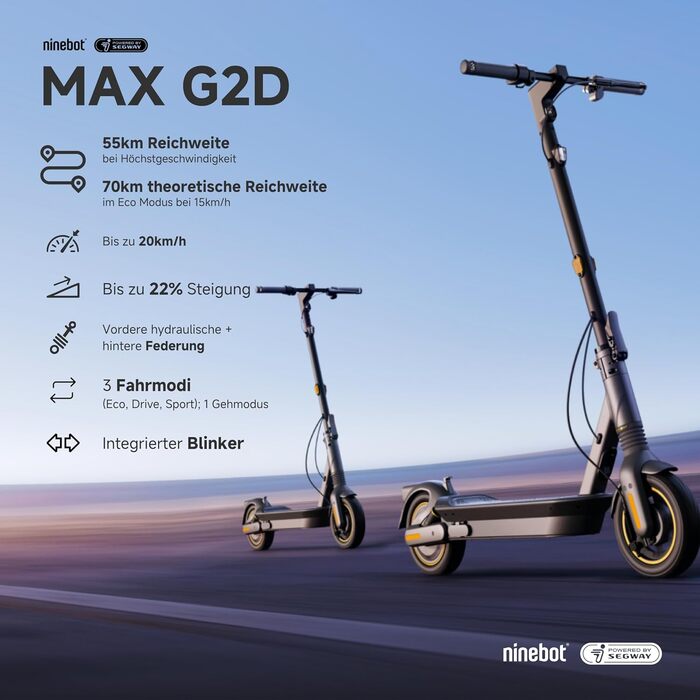 Електросамокат Segway-Ninebot MAX G2 D для доріг, для дорослих, макс. швидкість 20 км/год, запас ходу 70 км, сірий, модель 2023 року, з офіційним допуском