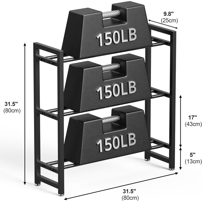 Стойка для гантелей 3-ярусна регульована - міцна підставка для ваги до 204 кг для гантелей, медичних м'ячів - компактний органайзер для домашнього спортзалу (лише стійка)