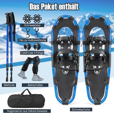 Снігоступи COSTWAY з підйомником, розмір 38-45, подвійна фіксація, алюмінієвий каркас, трекінгові палиці, мішок, гетри, для чоловіків та жінок, 63 см, темно-синій