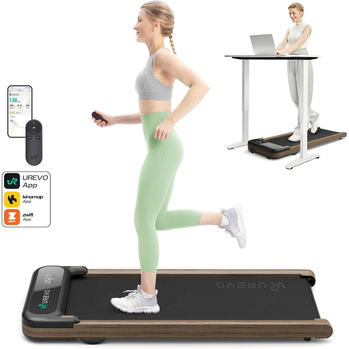 Бігова доріжка UREVO Holz Walking Pad з додатком SmartCoach, підлогова портативна доріжка під стіл, дерев'яний дизайн, швидкість 1–6 км/год, з пультом дистанційного керування, для дому та офісу