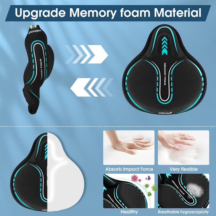 Накидка на сидіння велосипедного сидіння MSDADA з гелевою подушкою, широка, з ефектом пам'яті, для MTB, тренажерів, Peloton, зручна для жінок, чоловіків, літніх людей (чорний/бірюзовий)
