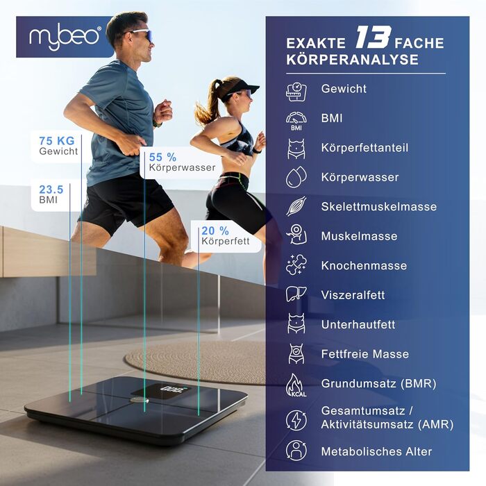Вага Mybeo для тіла з аналізом складу тіла та Bluetooth - цифрова вага для тіла з дисплеєм, скануванням Full Body, до 180 кг, загартоване скло