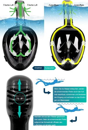 Маска для снорклінгу повного обличчя 180° Schwarz L-XL: дихання через ніс, антифог, антипротікання, регульовані ремені для дорослих та дітей