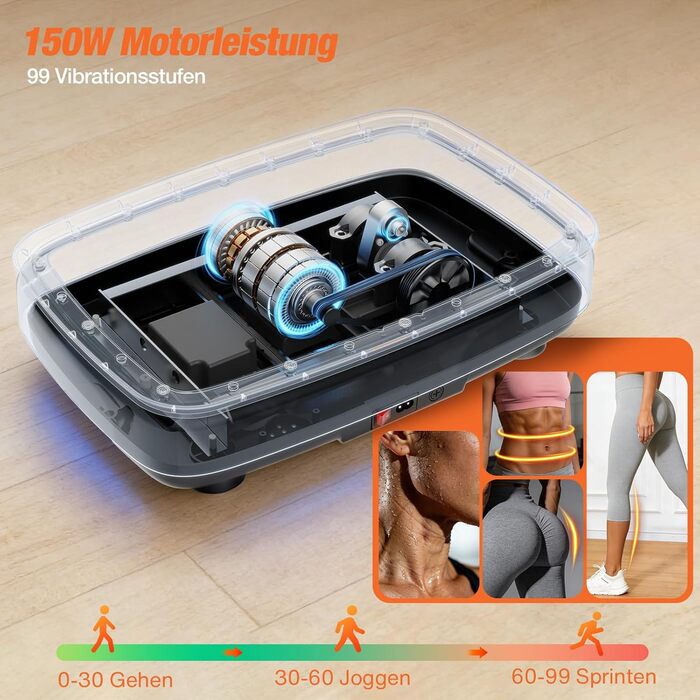 Вібраційна платформа DH FitLife для дому | Рюттельплатта з 0–99 рівнями та таймером | 9 автоматичних програм | Тиха вібраційна платформа з присосками | Підсвічування та Bluetooth-динамік | З ременями | Макс. 150 кг