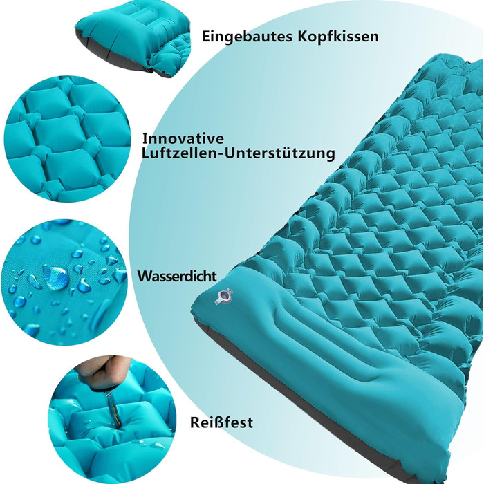 TENQUAN Килимок для кемпінгу самонадувний, 9см - туристичний килимок, повітряний матрац, килимок для сну, клапан, насос, для авто, намету, трекінгу, пляжу (блакитний/сірий)