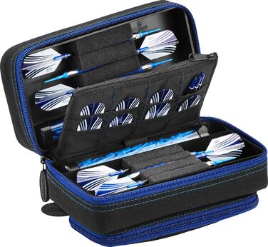 Чохол для дартс Casemaster Plazma Pro на 6 дротиків (м'які та сталеві), з великою фронтальною кишенею для мобільного, вбудованими тубусами для зберігання, кишенями для оперень та наконечників, з сапфіровим оздобленням