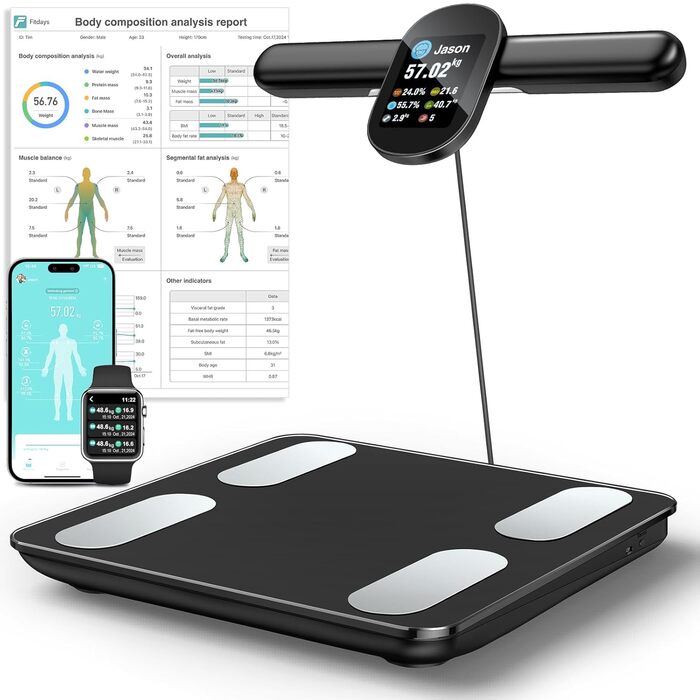 Вага для вимірювання складу тіла з датчиками рук, 8 електродів, дисплеєм TFT, вимірювання жиру та м'язів, аналіз складу тіла для 24 користувачів, максимальне навантаження 180 кг