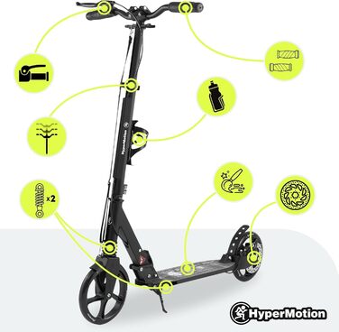 Самокат дитячий та підлітковий HyperMotion Vibe алюмінієвий, до 100 кг, складний, з регульованим кермом, колеса 200 мм, підшипники ABEC-7, чорний з дизайном черепа