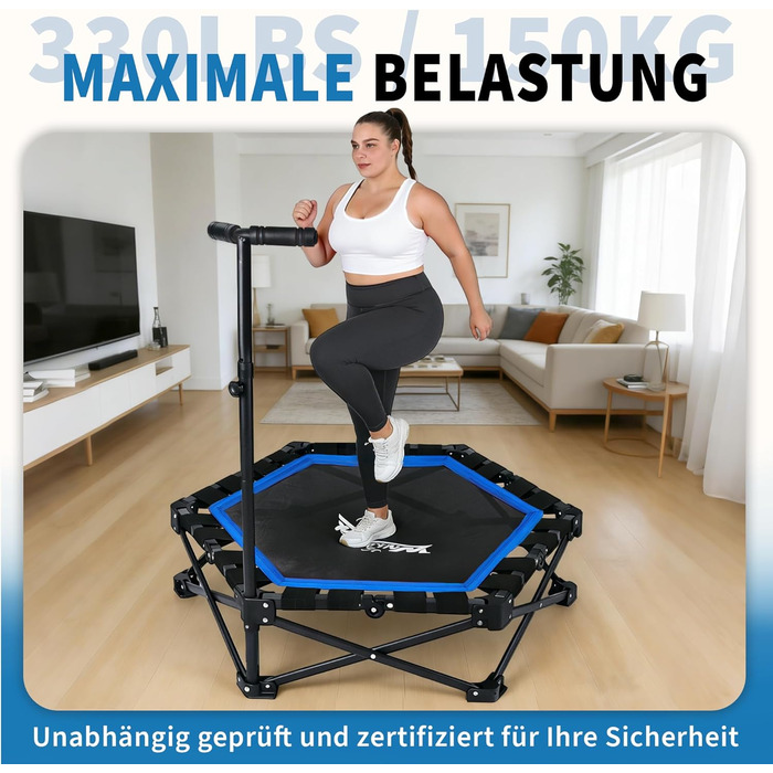 Складаний фітнес-батут для дому з регульованою ручкою, Ø 86.5 см, навантаження до 150 кг, синій — для дорослих та дітей