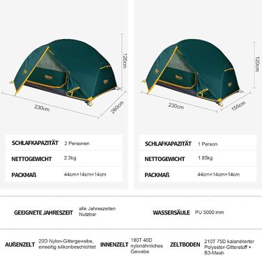 Намет кемпінговий купольний 2-місний Campingzelt водонепроникний, вітрозахисний, для походу, кемпінгу та активного відпочинку, 1.85/2.3 кг, зелений