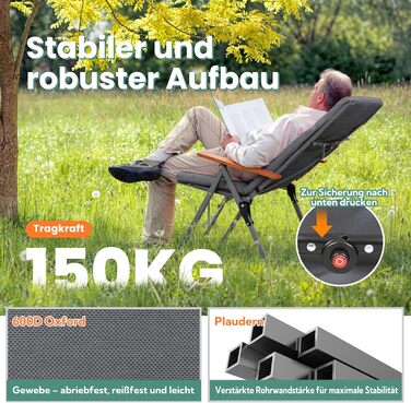 Крісло для кемпінгу Homecall, розкладне, 150 кг, висока спинка, люкс, 3 положення, м'яке, для риболовлі, саду, балкону, дому (темно-сірий)