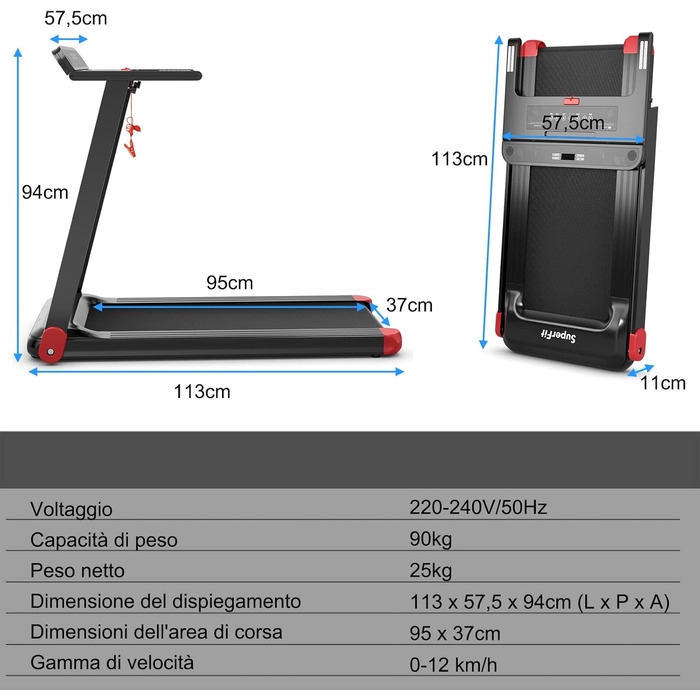 Електрична бігова доріжка COSTWAY, складна, з Bluetooth, 12 програм, LED-дисплей, тримач для пристрою, керування через додаток, швидкість 1-12 км/год, червона