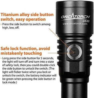 ORCATORCH D530 Підводна Ліхтар, 1300 Люмен LED, вузький промінь 6°, IP68, з індикатором заряду батареї (УФ-ліхтар)