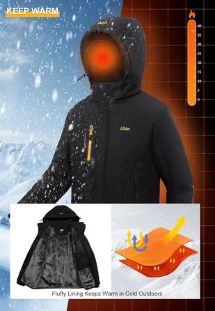 Зимова куртка Libin для чоловіків: тепла, водонепроникна, дихаюча, для катання на сноуборді та туризму. Чорний колір, розмір L