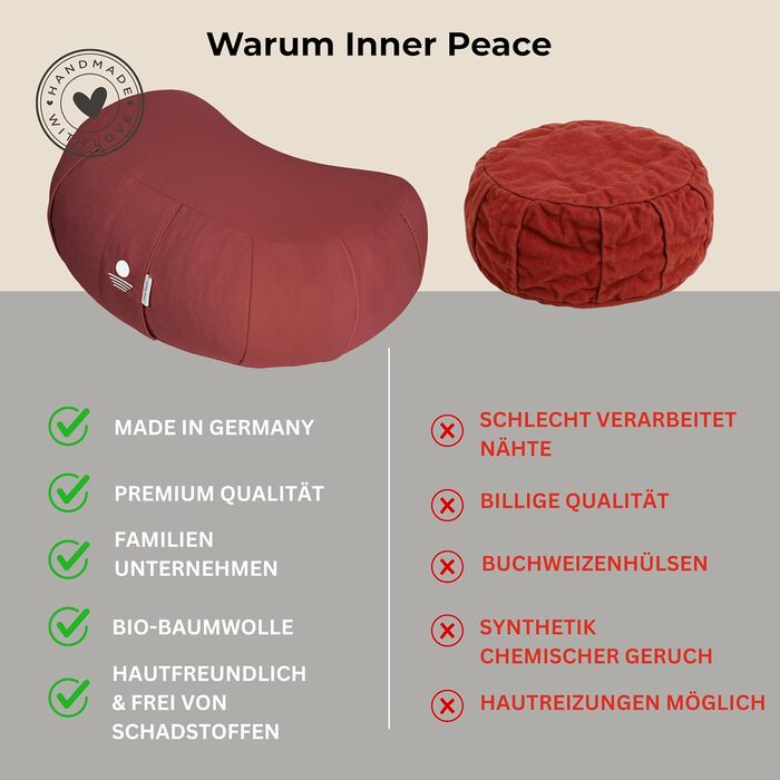 Зафу для медитації Inner Peace | Йога подушка з екологічної дінкової наповнювачем | Подушка для медитації напівмісяця | Зроблено в Німеччині | Зручний знімний чохол з 100% органічної бавовни (лісова полуниця)