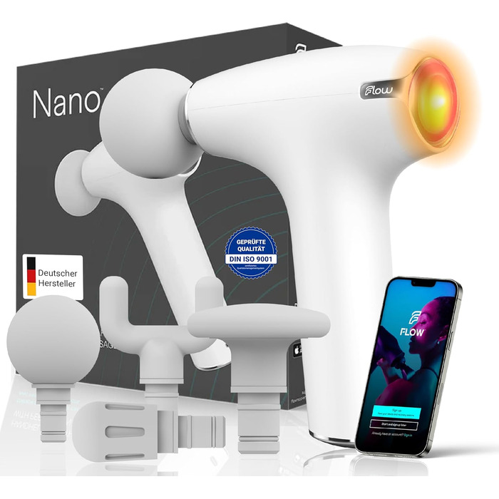 Flow® NANO Масажний пістолет для м'язів, міні масажер з вібрацією та функцією нагріву, легкий і тихий, 310 г, сертифікат DIN ISO 9001, проти напруги