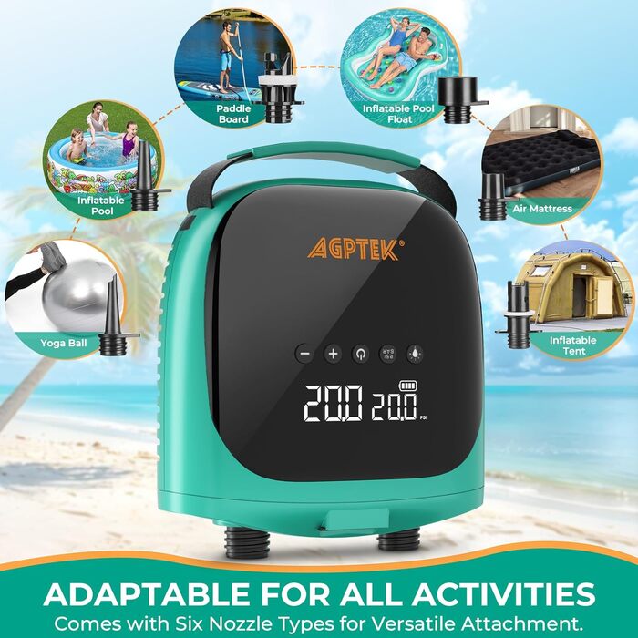 Електричний насос для SUP-дошки AGPTEK: акумуляторний, 20PSI, автоматичне відключення, 12V, для SUP та човнів