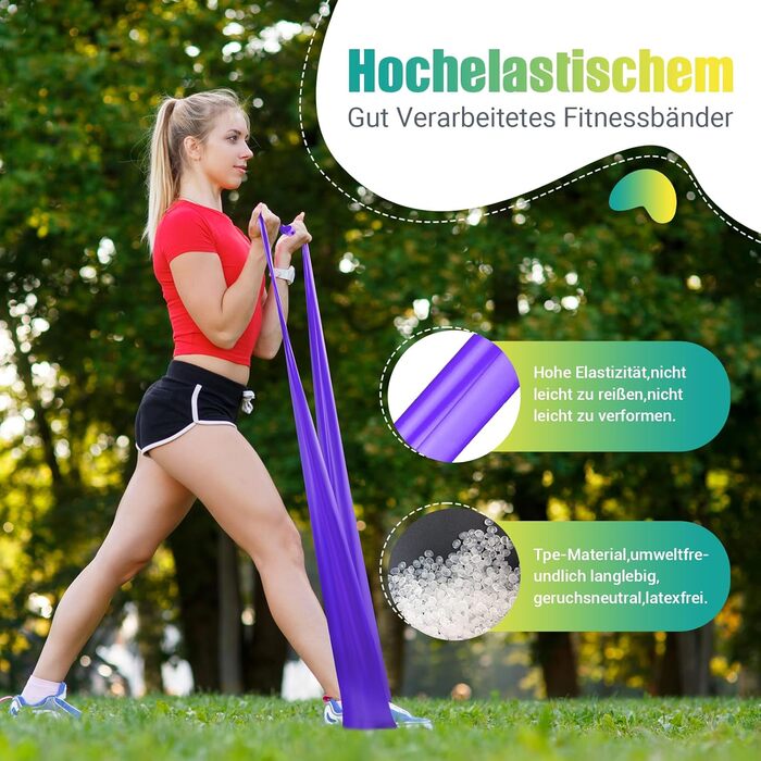 Набір фітнес-резинки 4 шт. (1.8M/2M), 4 рівні опору, постер з вправами, сумка для перенесення, інструкція, для йоги, пілатесу, нарощування м'язів. Кольори: жовтий, червоний, зелений, синій (градієнт фіолетовий)