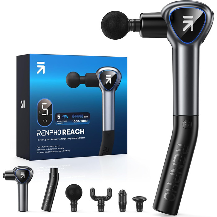 Масажний пістолет RENPHO Reach Mini з подовженою ручкою, LED-дисплеєм, для масажу м'язів, домашніх тренувань, релаксації, чорний