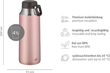 Термос для чаю alfi CITY TEA BOTTLE 900 мл, нержавіюча сталь, рожевий, з ручкою, герметичний, для напоїв, тримає тепло 12 годин, підходить для посудомийки