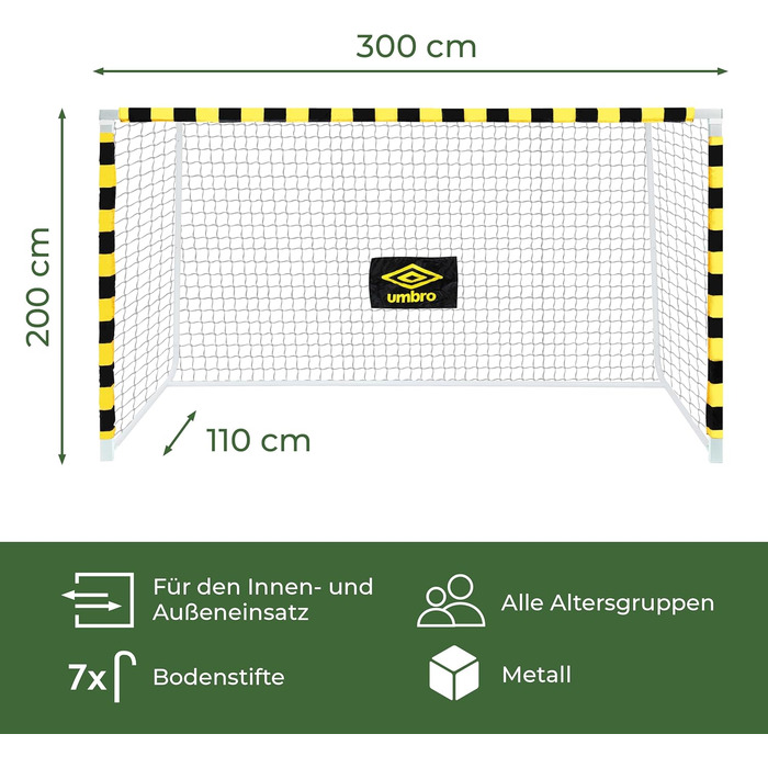 Футбольні ворота Umbro 300x200x110 см для саду і тренувань, металеві, чорні/жовті, для дітей і дорослих