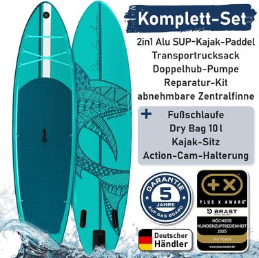 SUP дошка BRAST Shark надувна, 320x81x15 см, комплект з аксесуарами (каяк-сидіння, камера, помпа, рюкзак) - 5 років гарантії, колір: бірюзовий