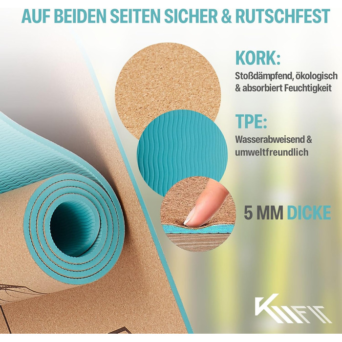 Йога-мат KM-Fit TPE з ременем, нековзкий, м'який, для фітнесу, пілатесу, гімнастики, з чохлом, йога-ременем та масажним м'ячем