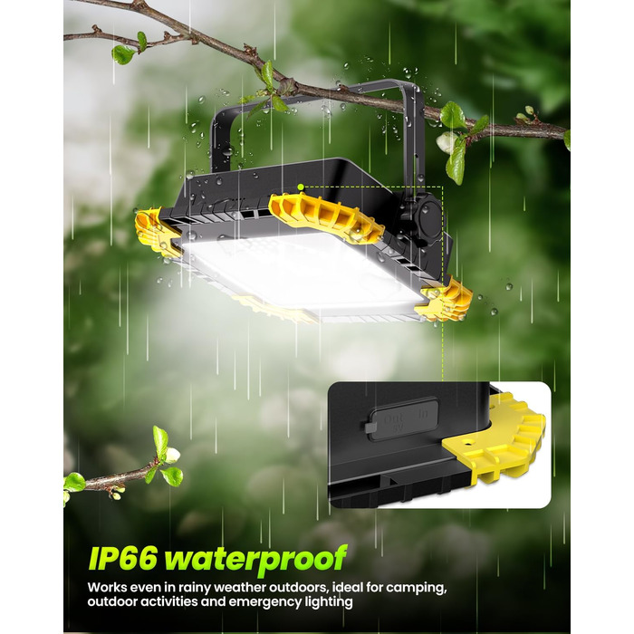 LED прожектор на акумуляторі CLV 200W, 20000mAh, IP66, вологостійкий, 4 режими, 2 рівні яскравості, для кемпінгу, USB, сонячна панель, для будівництва, жовтий