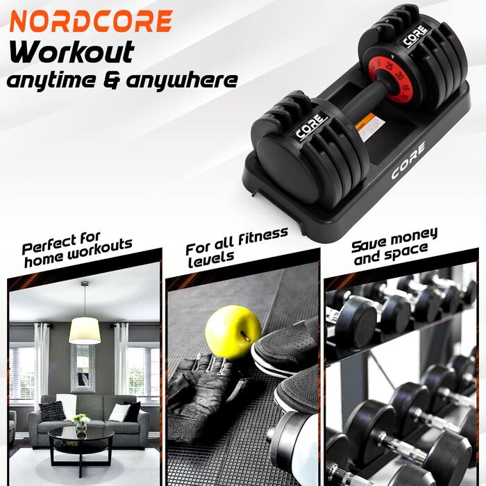 Nordcore Регульована гантель: 5-25 кг, для чоловіків та жінок, силові тренування вдома, компактна